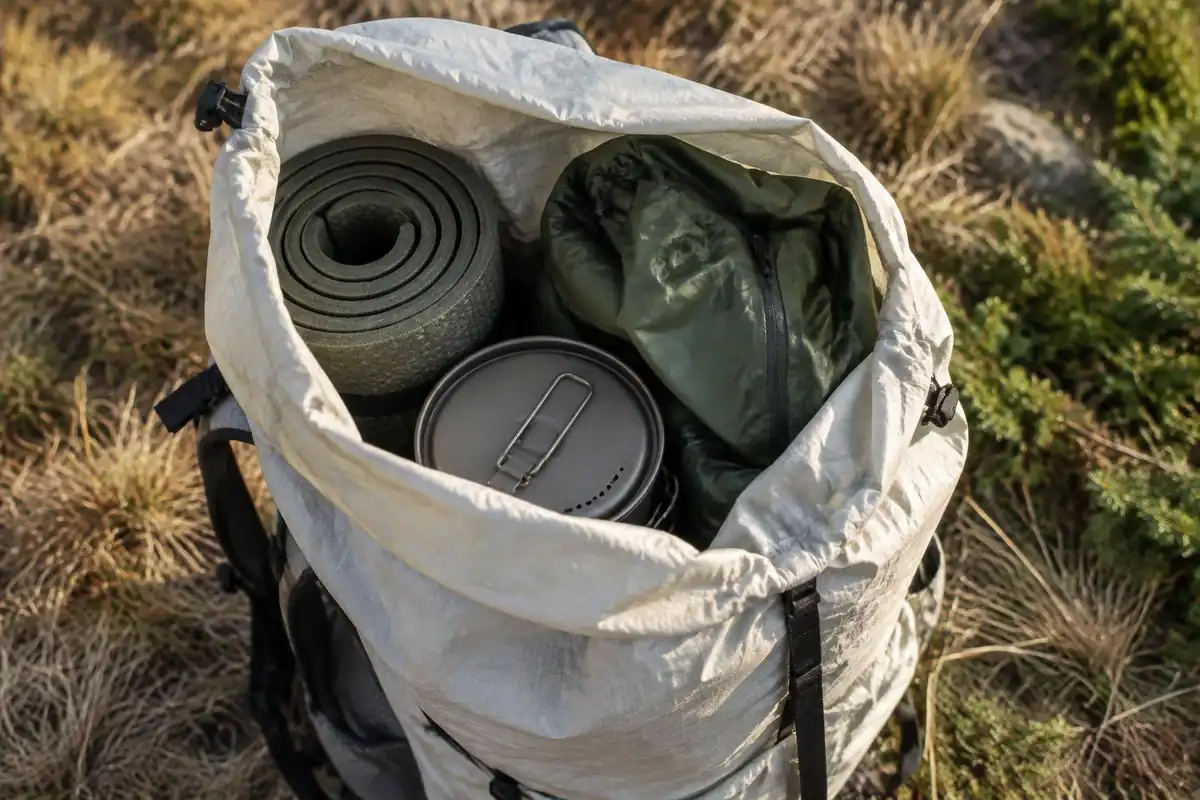 Long-distance foam pad and small stove kit in an open pack