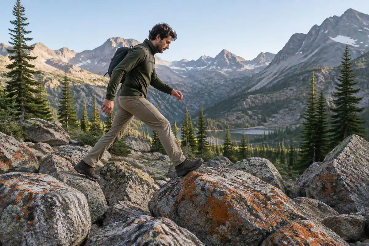 Hiker weaving through a boulder field with a minimalist pack on his back