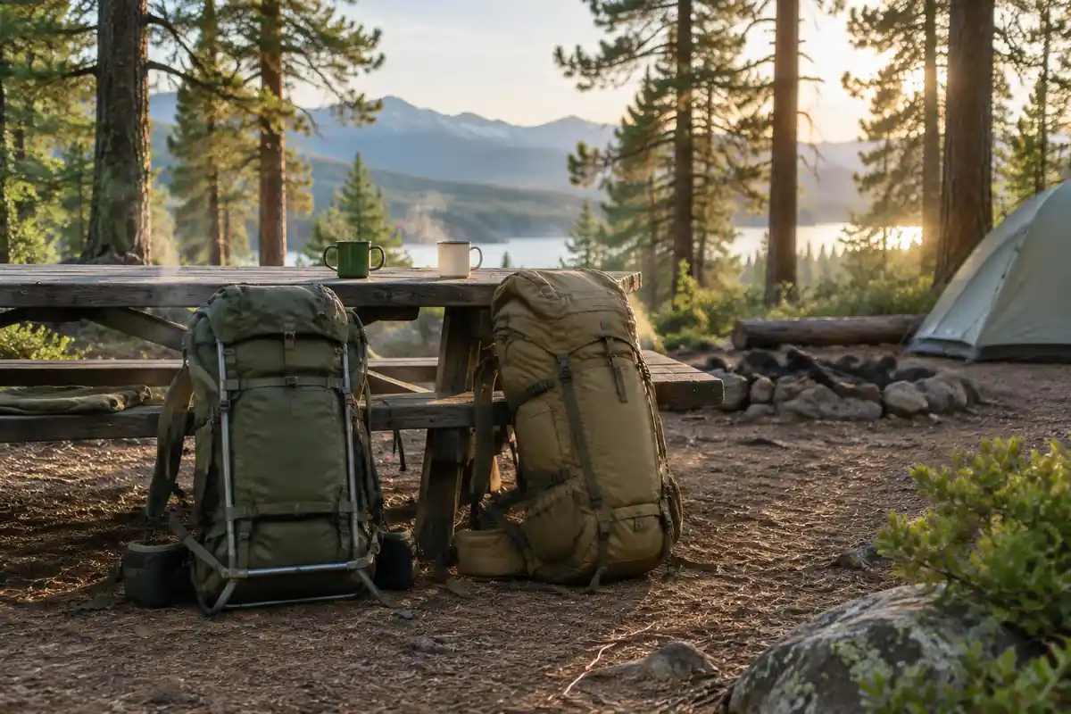 Frame types compared: two packs leaning on a camp table under pines