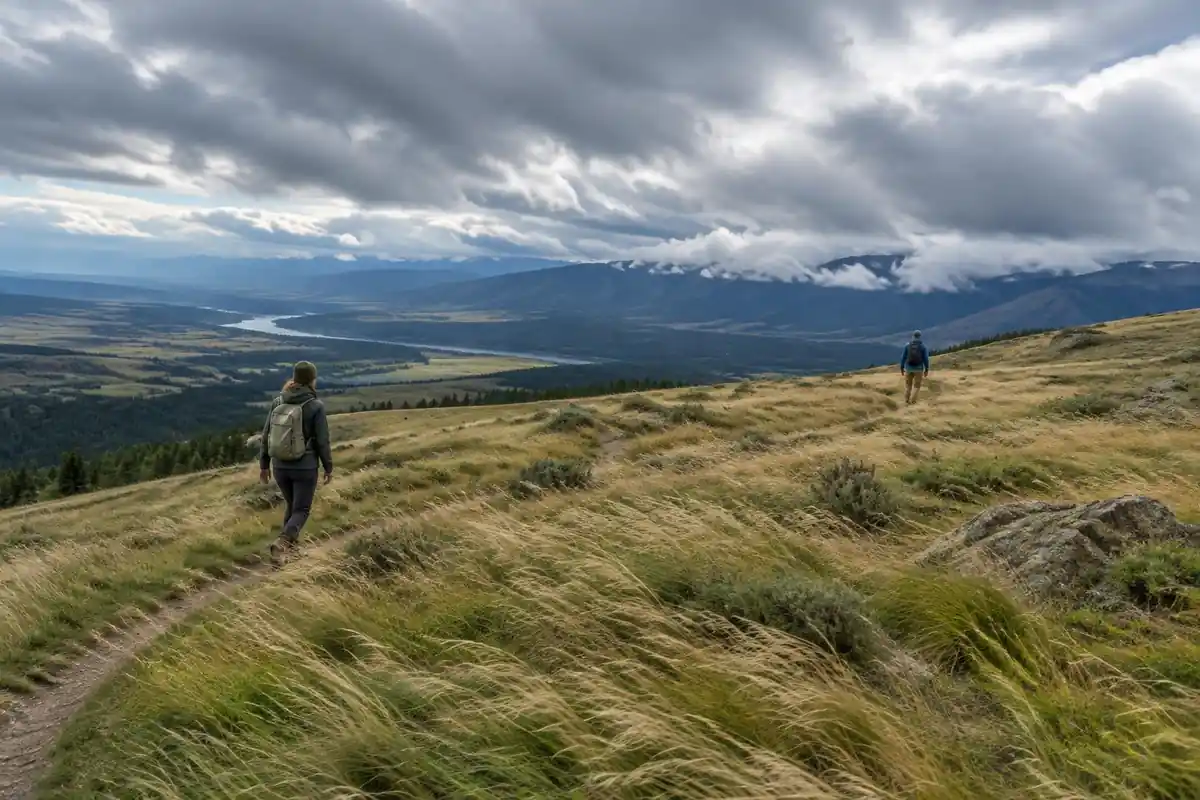 Two thru-hikers on a windy prairie ridge with light packs