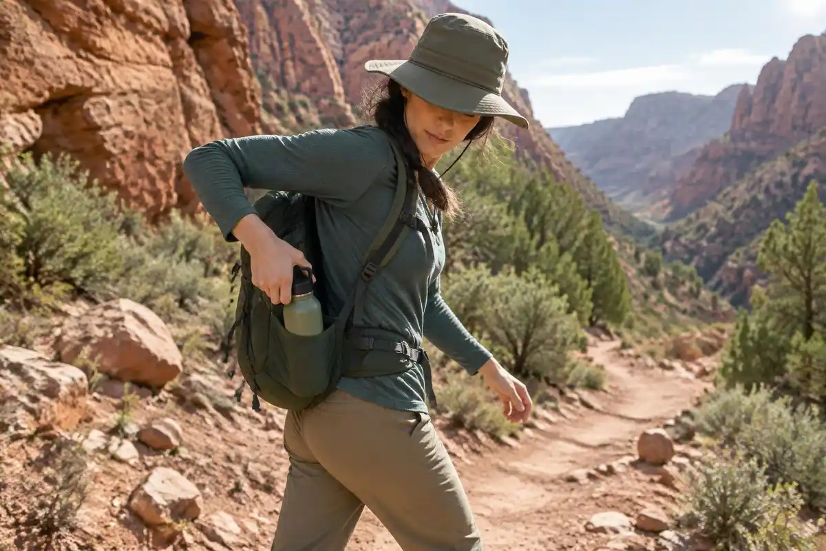 Hiker retrieving water bottle from a side pocket without stopping