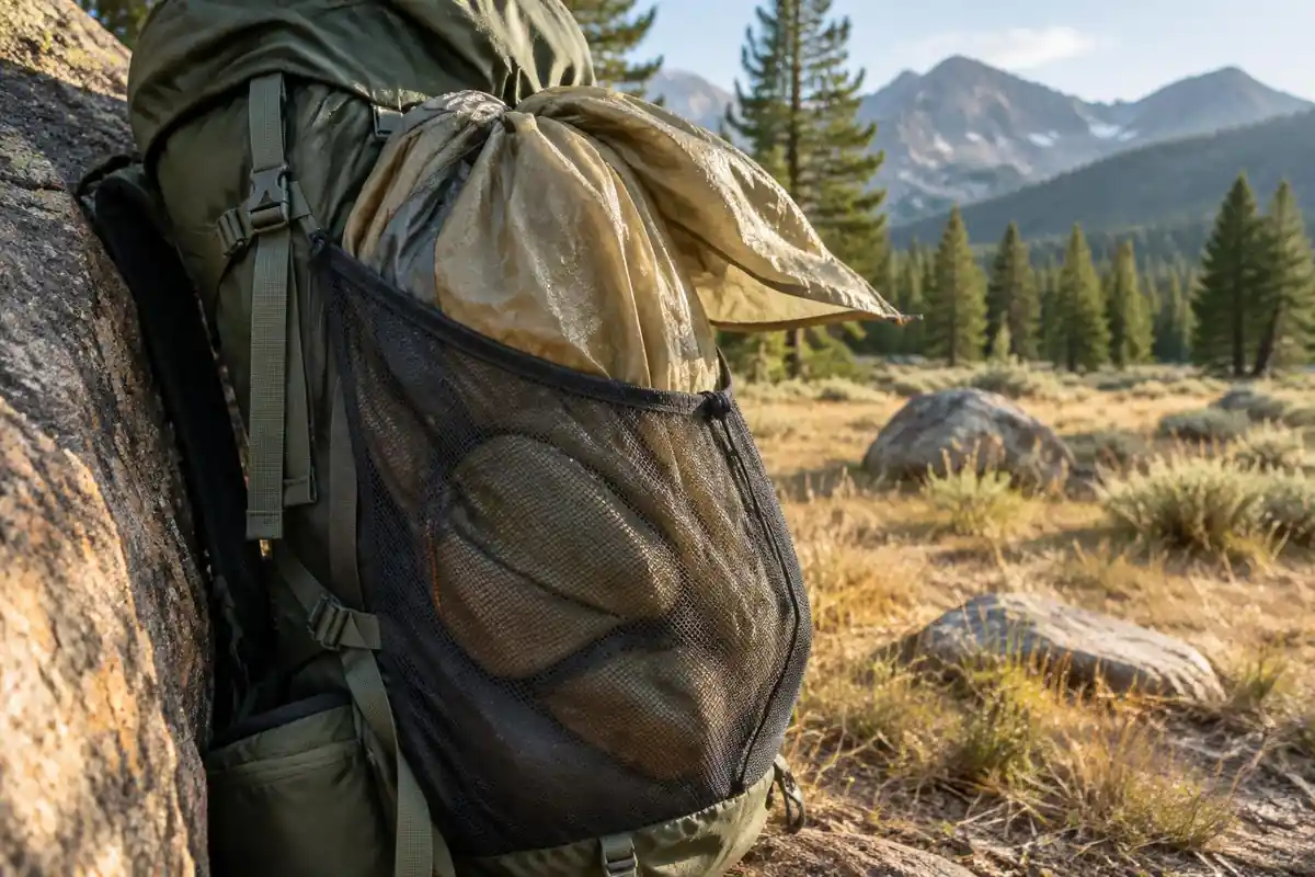 Stretch mesh pocket stuffed with wet tent fly on a warm rock