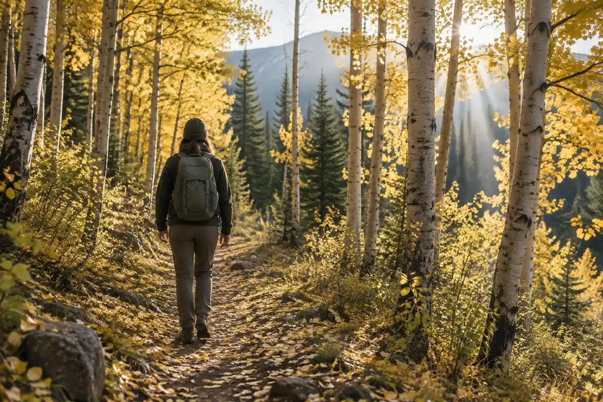 Backpacker crossing a golden aspen grove in autumn with pack