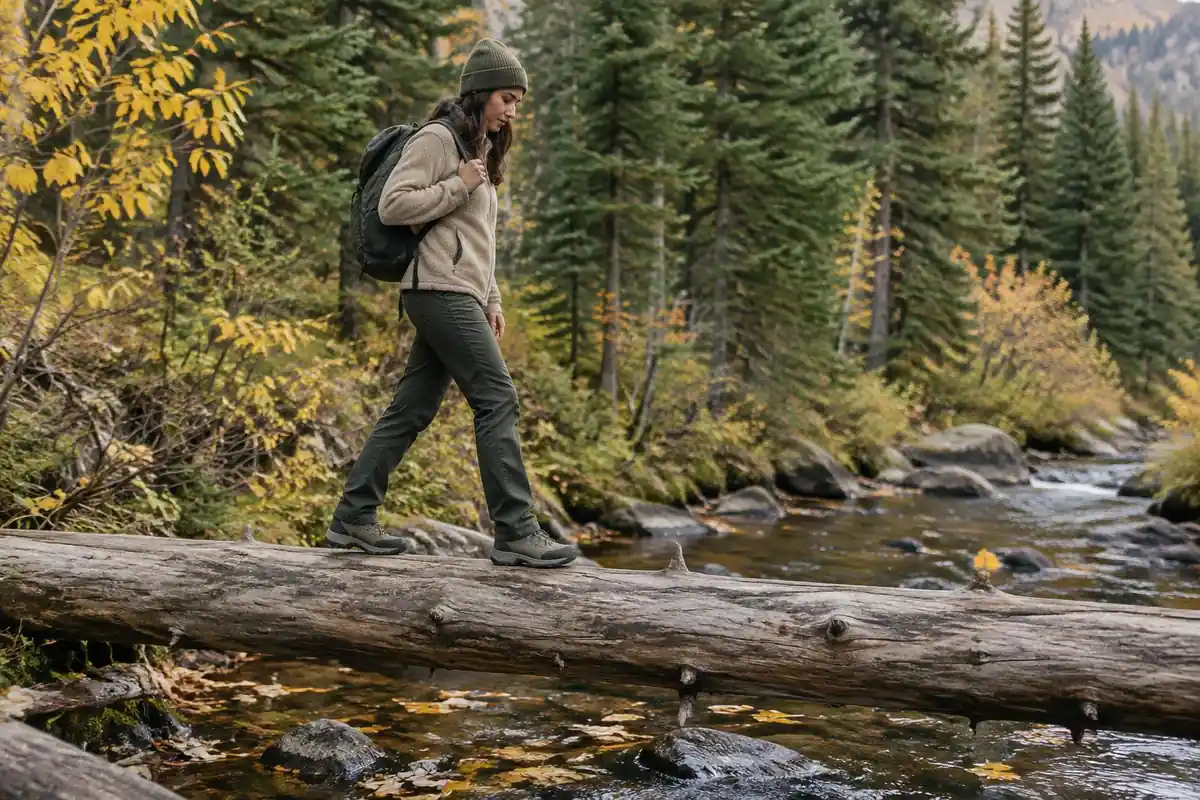 Hiker fixing a shoulder strap while balancing on a log crossing