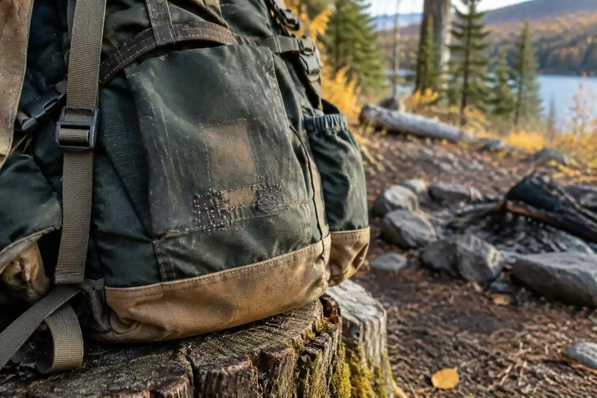 Worn but sturdy pack fabric on a camp stump with a frayed edge