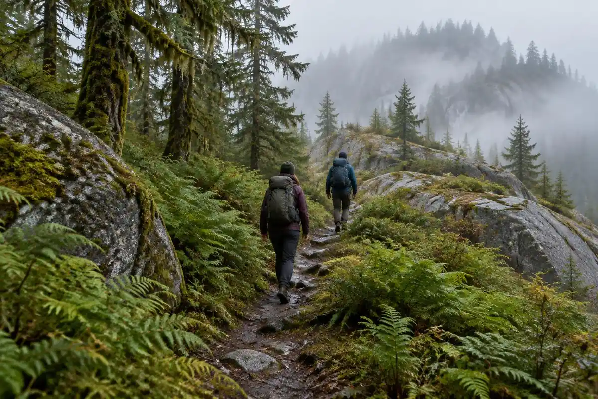 Woodland trail through granite and ferns in mist