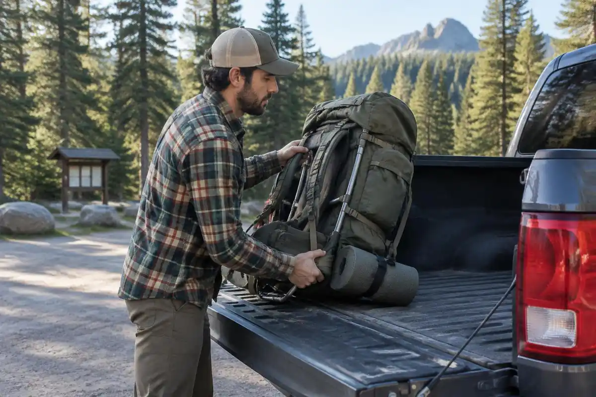 Man lacing a sturdy pack into the back of his truck