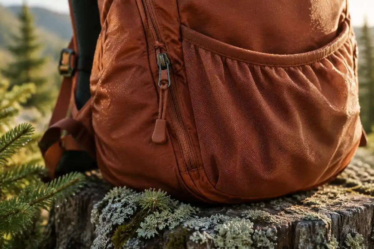 Zipper pull and mesh lid pocket on a sturdy bright pack