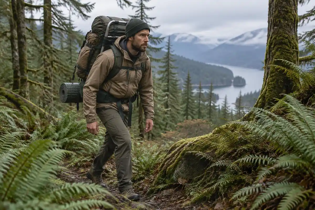 Backpacker hiking a forested ridge with a full overnight pack in cool light