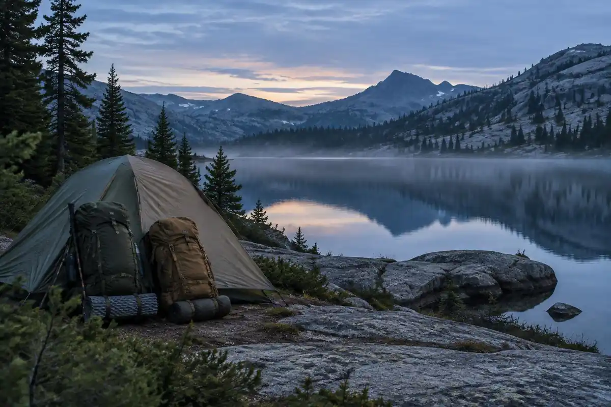 Small orange tent and loaded packs beside an alpine lake at dusk