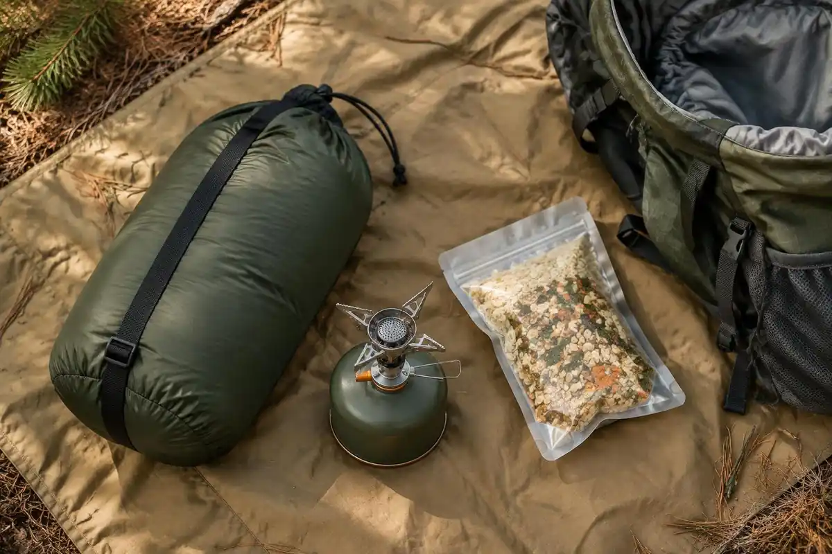 Gear laid out on a tarp: sleeping bag, stove and food bag beside an open pack