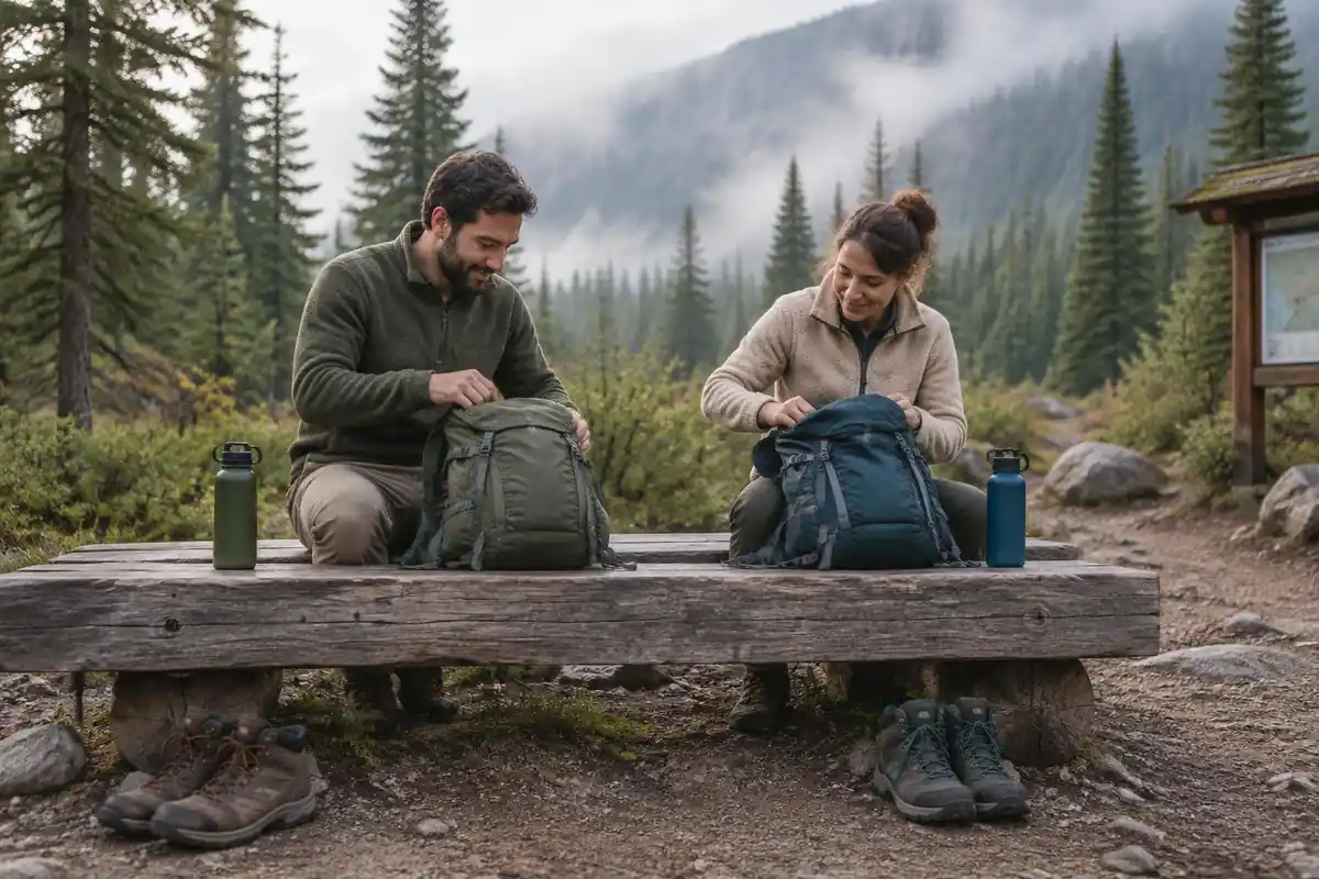 Two friends sorting packs on a wooden trailhead bench in misty pine forest