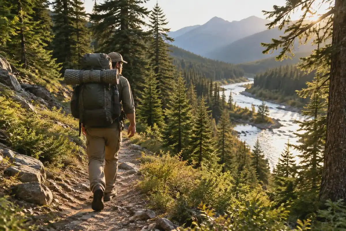 Multi-day hiker on a forested river valley trail in heavy pack