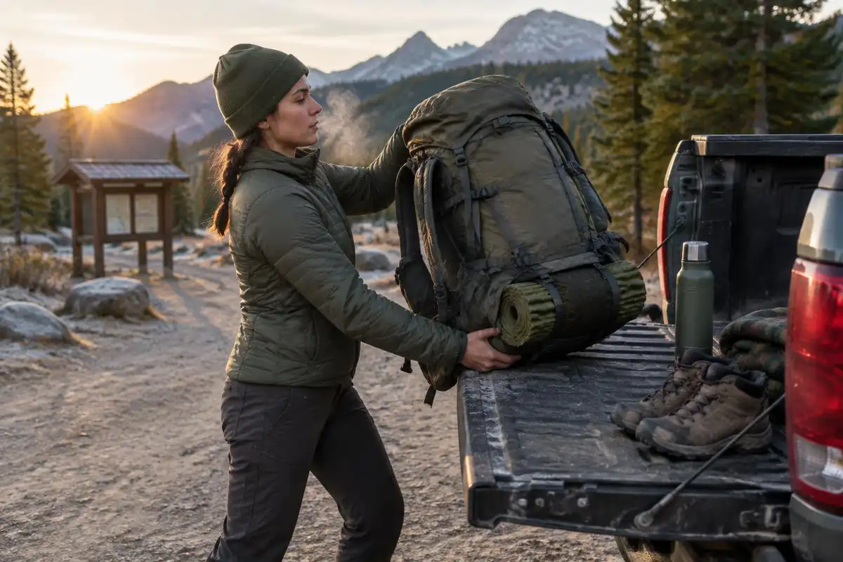Backpacker hoisting a full pack onto a tailgate to load it