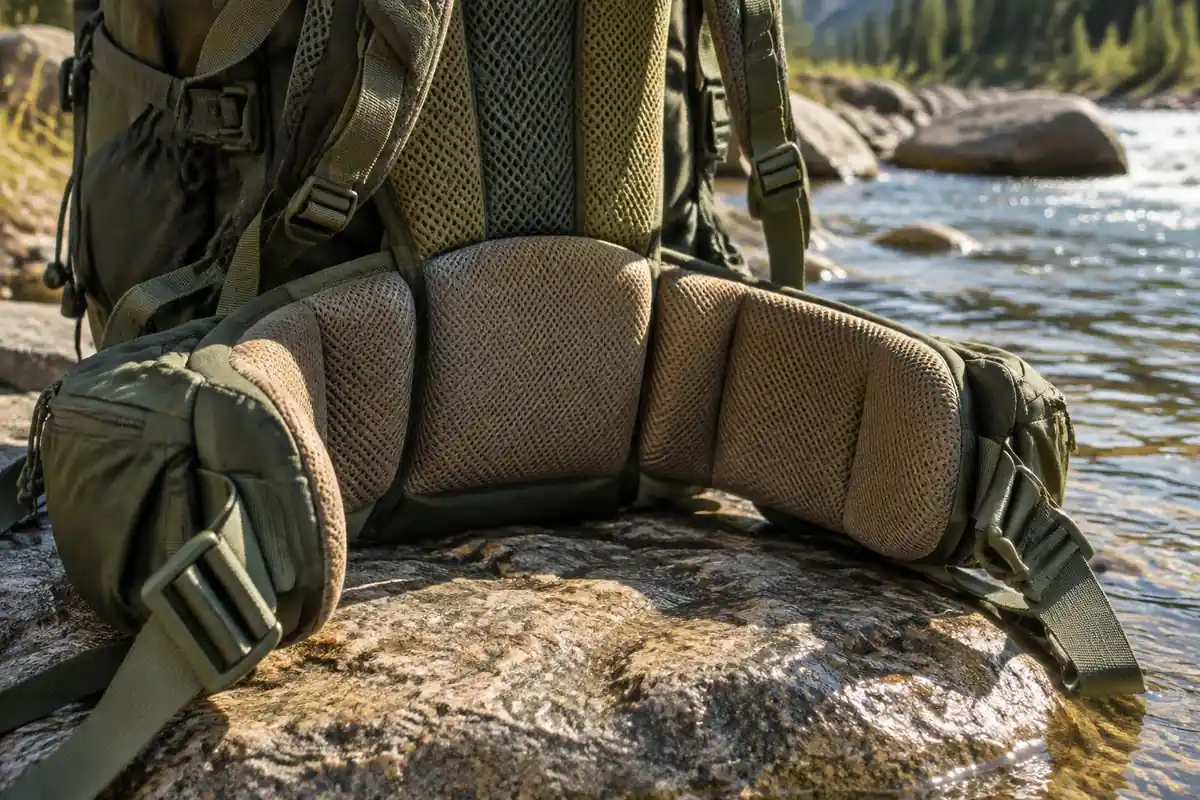 Wide padded hip belt and lumbar pad seen resting on a rock