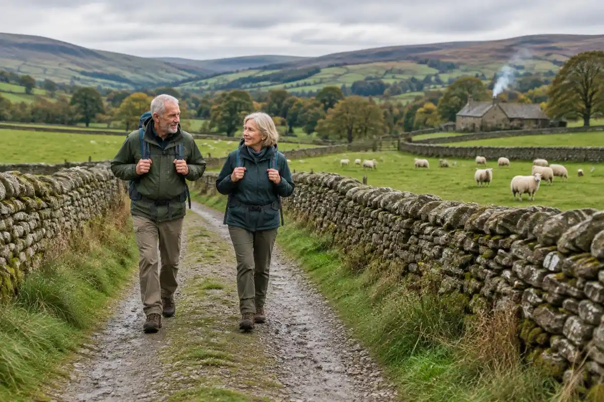 Mixed-age couple walking a dry stone-walled lane with lighter packs