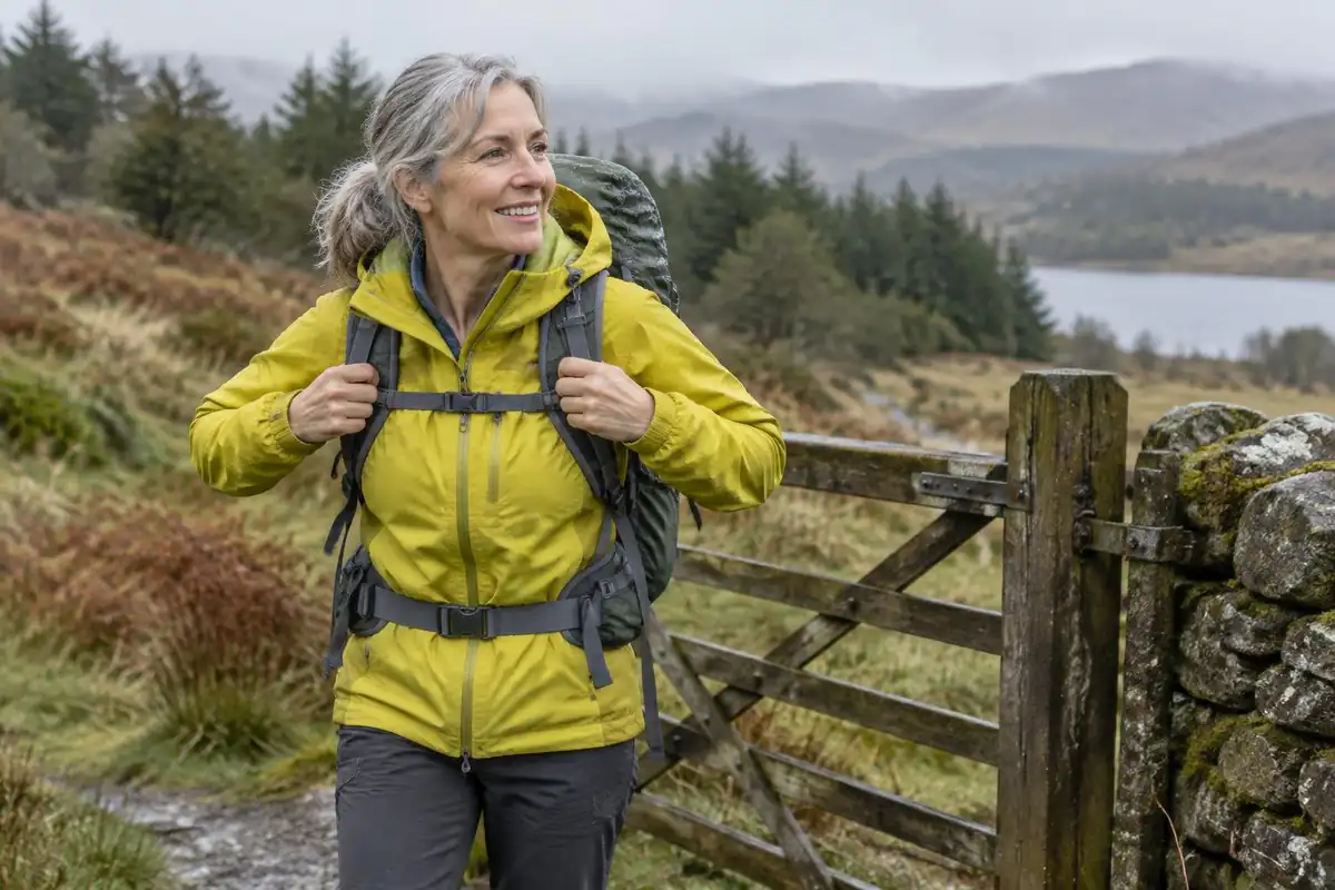 Woman shrugging on her pack and tightening straps at a trail gate