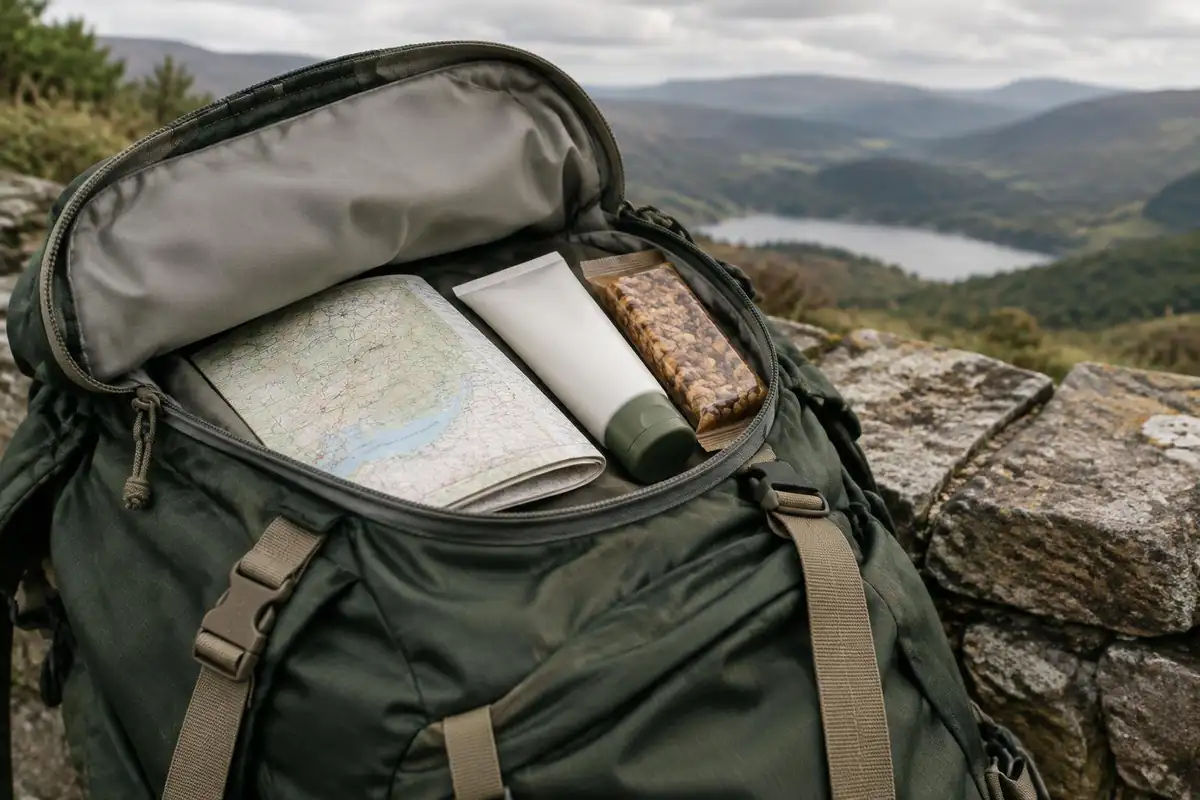 Zipper pocket organisation with maps and snacks on the lid