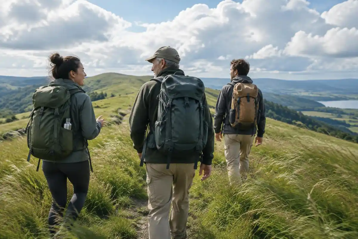 Group of three friends on a rolling green trail with mid-large packs
