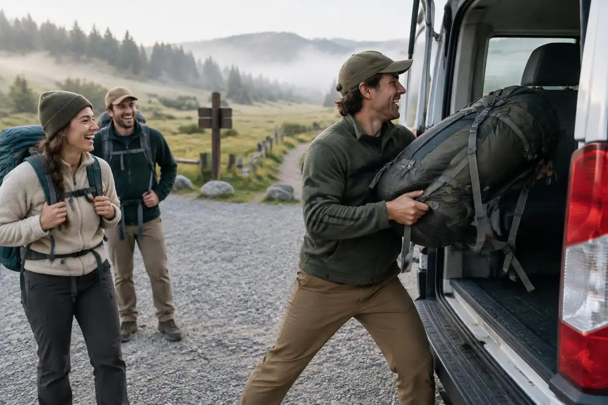 Man tossing his pack into a shuttle van with friends laughing