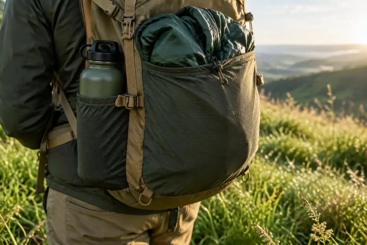 Front pocket and side mesh holding a water bottle and rain jacket