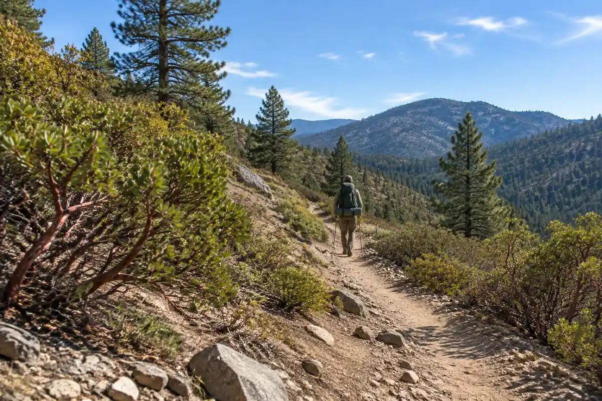 Rugged rocky trail through dry pine hills at midday