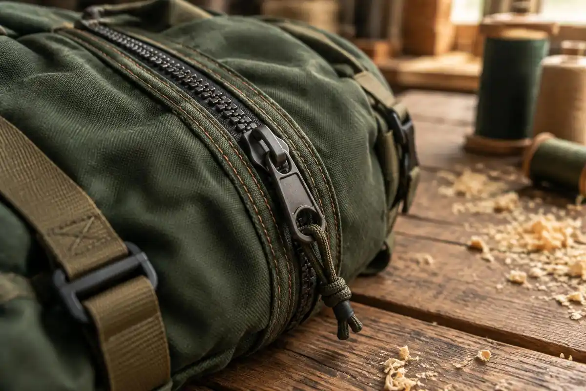 Sewn seam and heavy zip of an older well-built pack