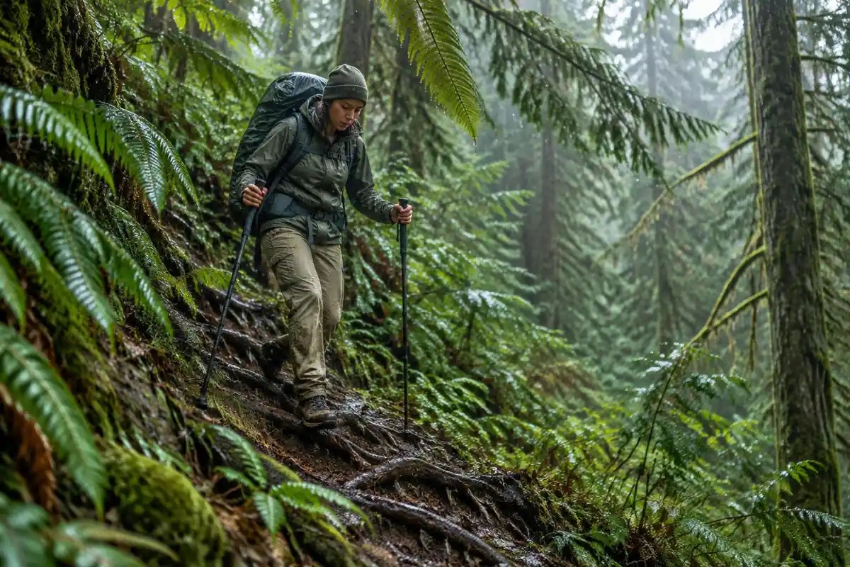 Hiker with big pack descending a steep forested slope on wet roots