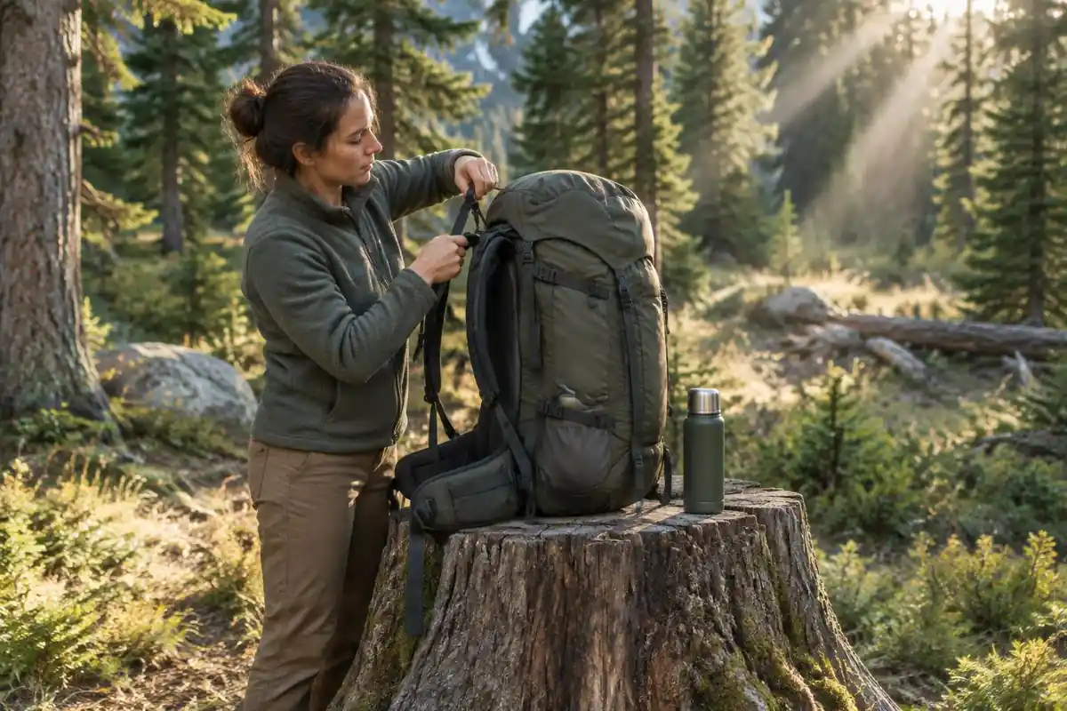 Woman resting her pack on a tree stump while checking straps