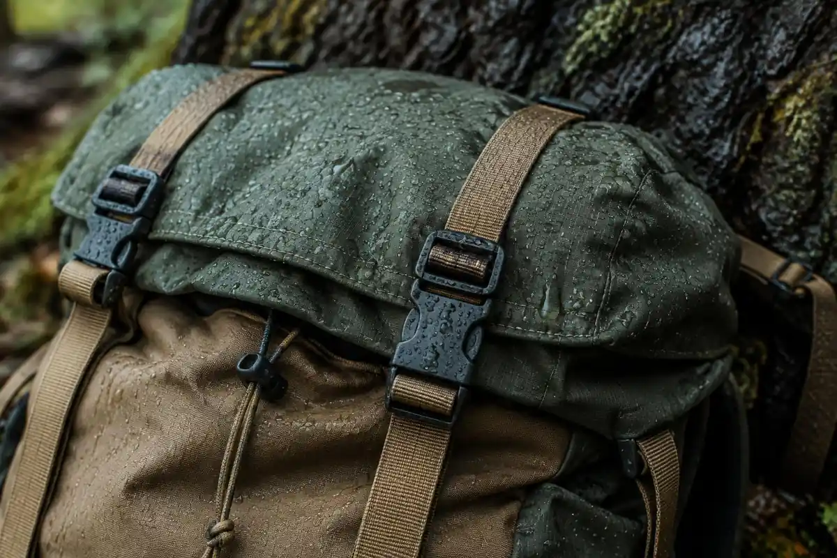 Pack lid and rain hood detail against dark wet spruce bark