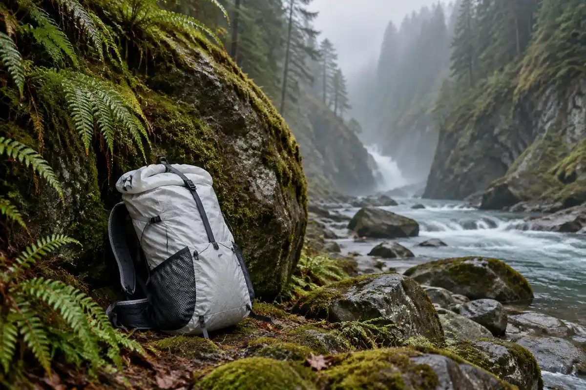 Pale, thin-walled pack resting on a mossy boulder in a misty gorge