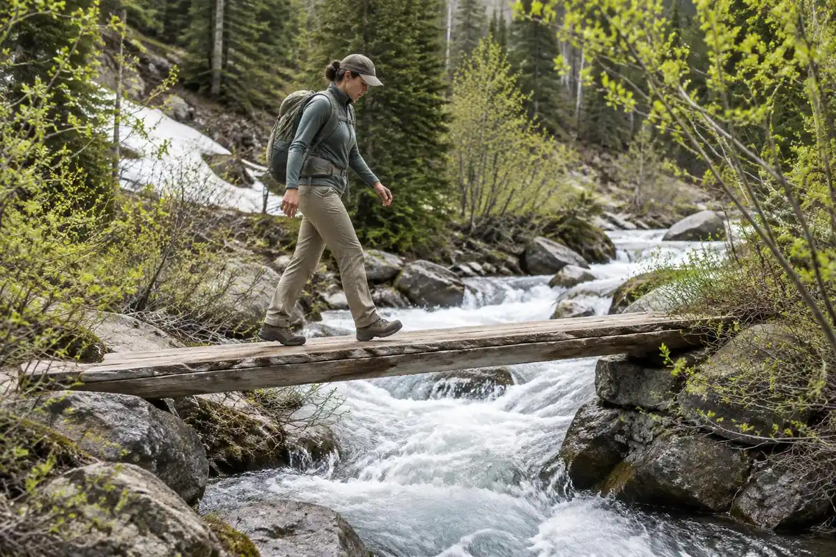 Hiker crossing a wooden footbridge over a rushing creek, pack lightly loaded