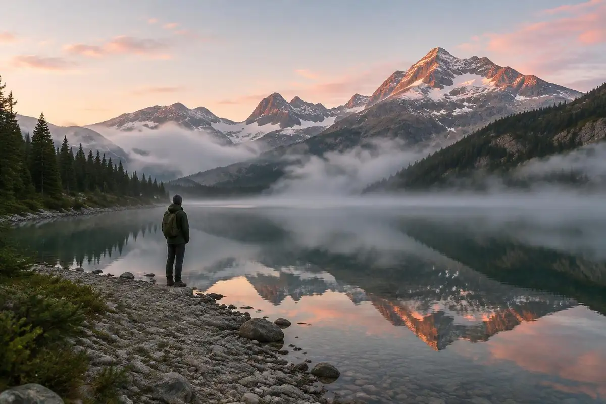 Solo hiker beside a glassy lake with an ultralight pack at dawn