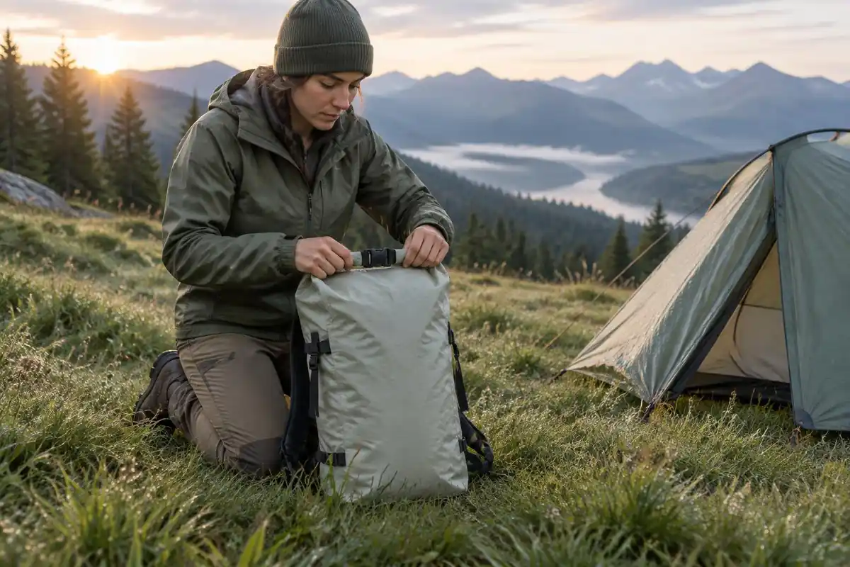 Hiker pulling a rolltop closure tight beside a small tent