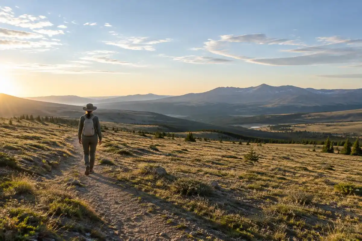 Ultralight hiker on a wide open desert-high plateau trail
