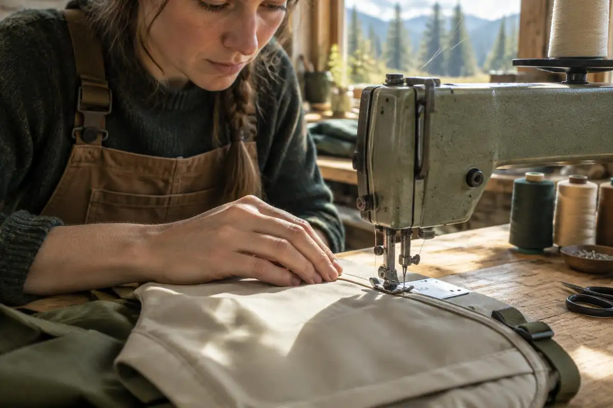 Cottage-industry stitching on a minimalist pack shown on a table