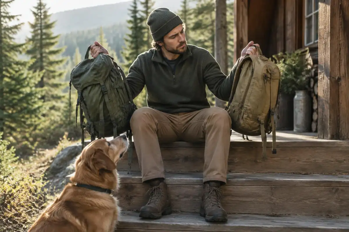 A man holds a pack in each hand to compare their weight on a porch step