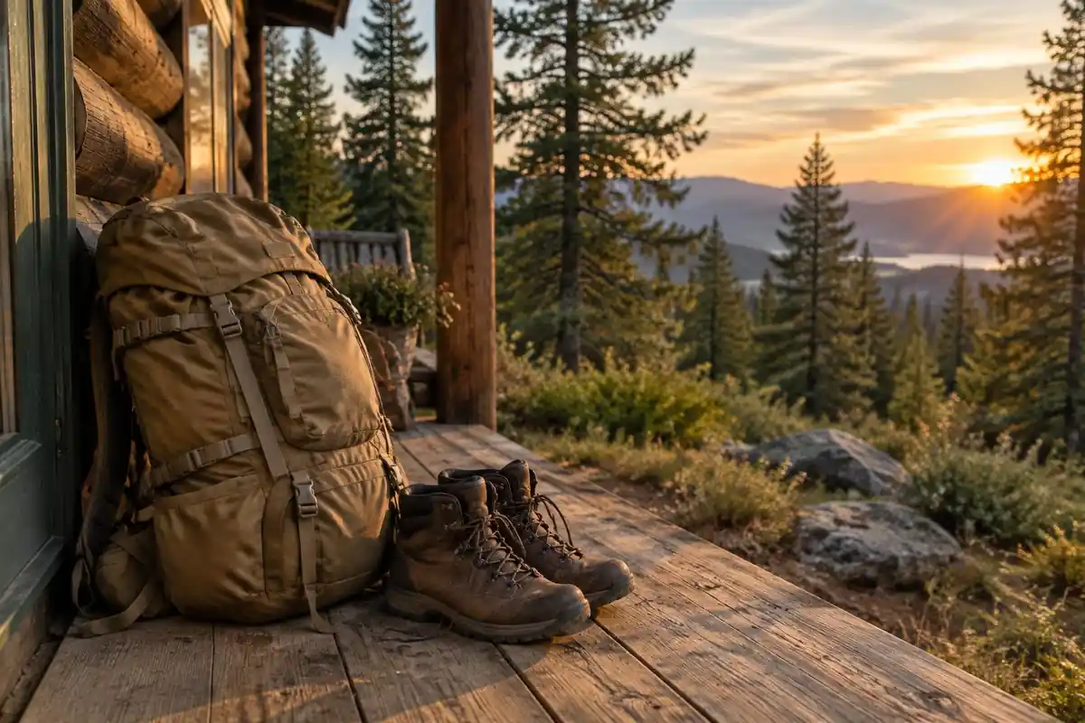 Old canvas-toned pack on a wooden cabin porch at golden hour