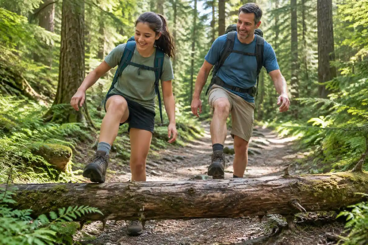 Teenager and parent stepping over a fallen log on a forest trail