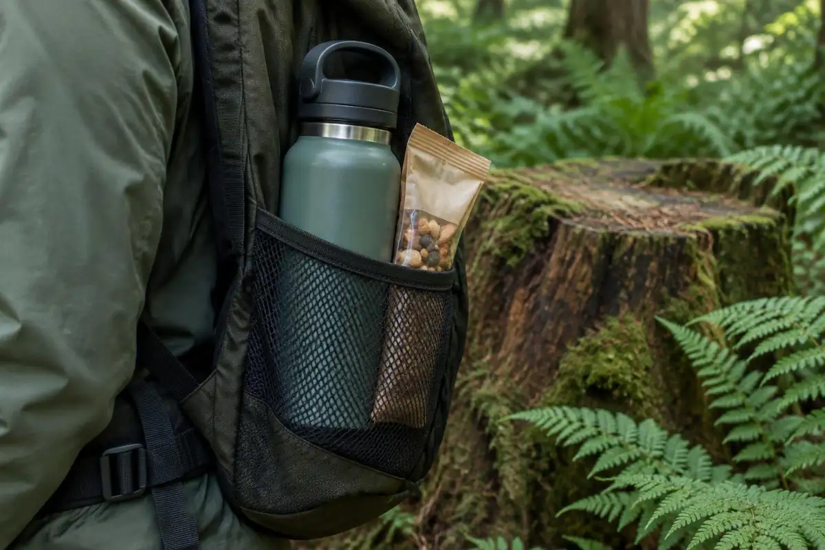 Water bottle and snacks in a mesh side pocket beside a mossy stump