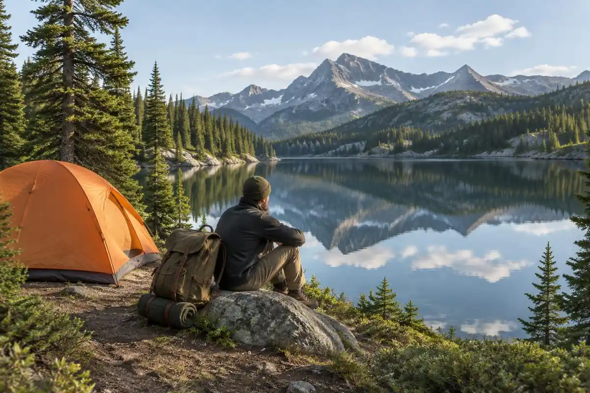Rocky Canadian-style lake camp with an orange tent and a well-loved pack