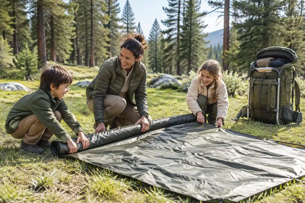 Mom and kids setting up a hillside camp with a large old-style pack