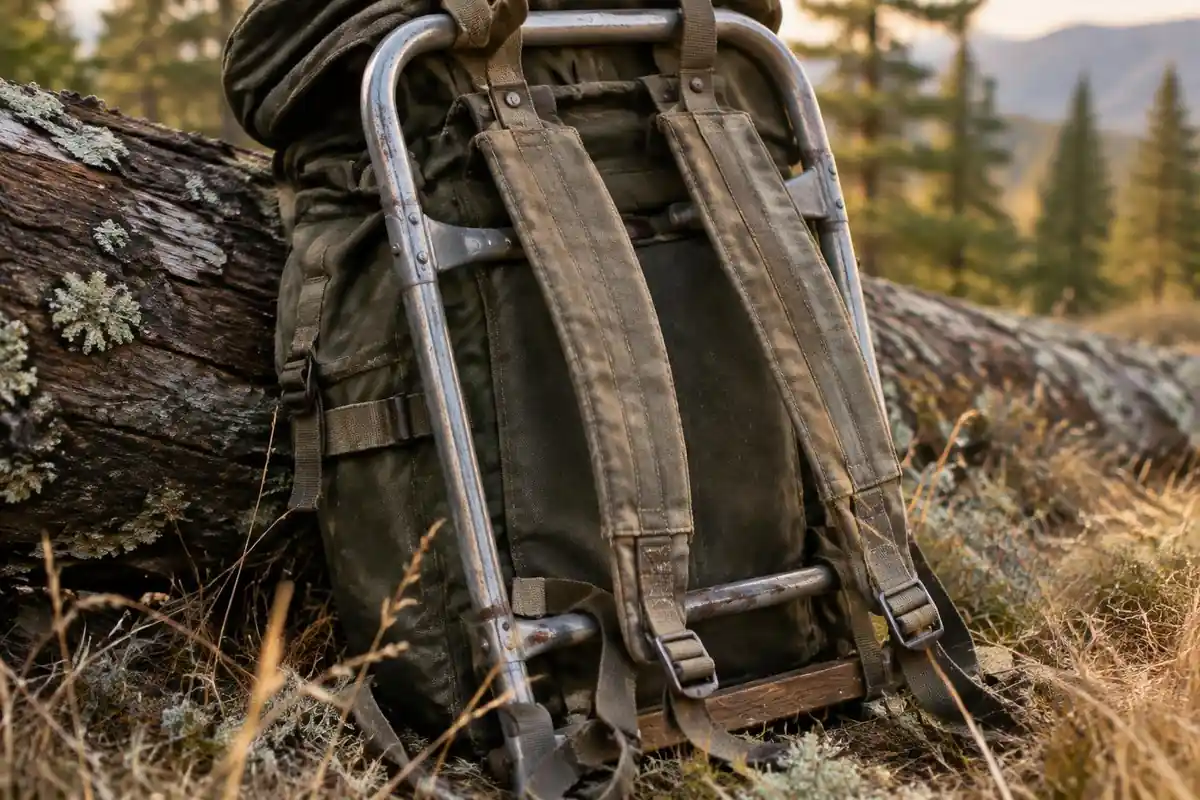Faded external frame and worn straps on a leaned pack