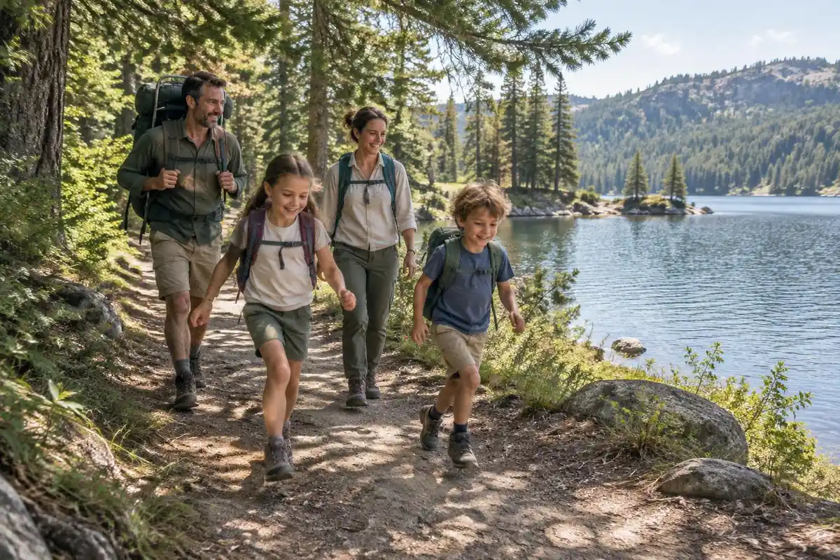 Family car-camping style hike at a state park lake with old-fashioned packs