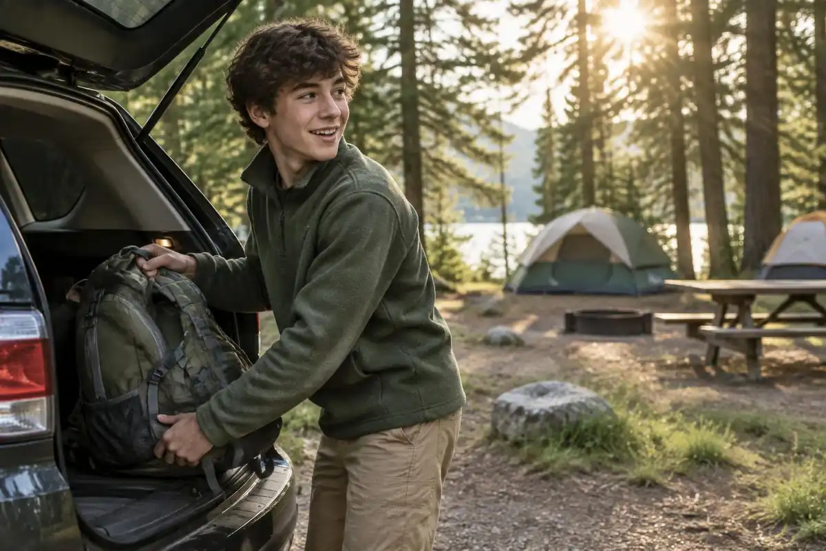 Teen loading a simple pack from a car boot at a campground