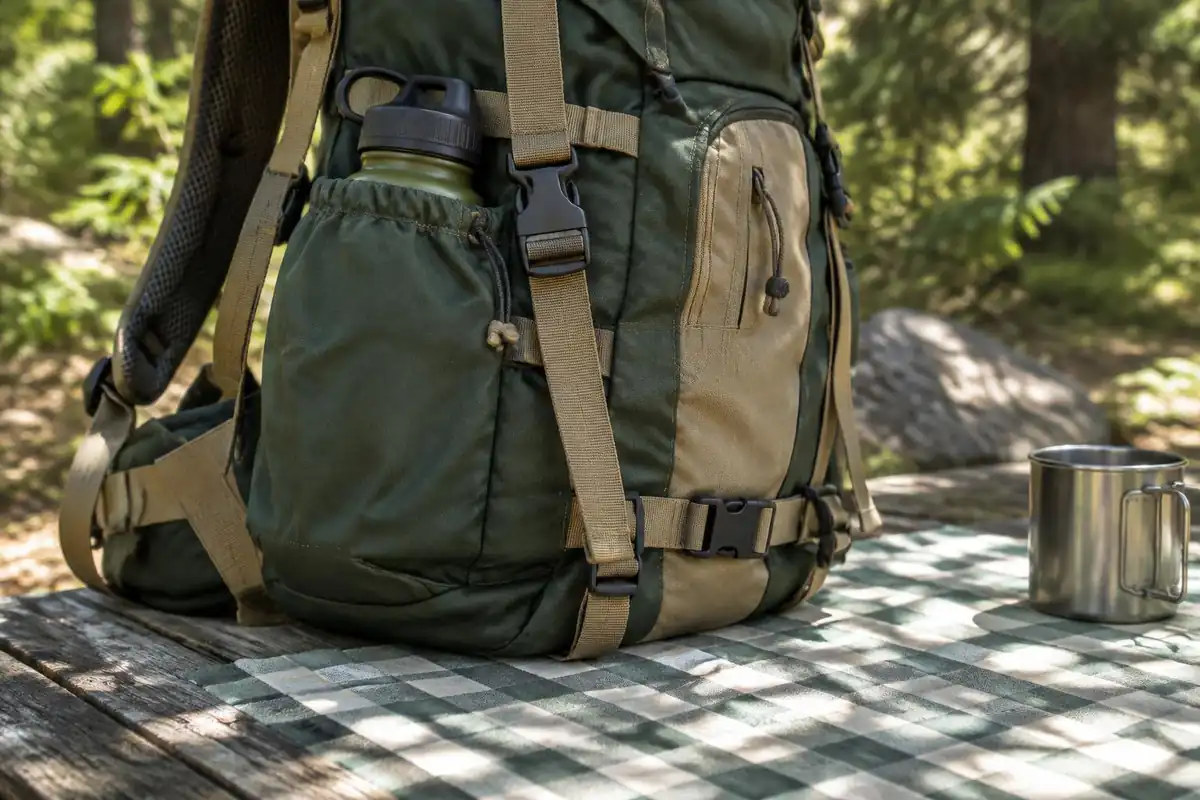 Simple pack side pockets and buckles resting on a picnic table