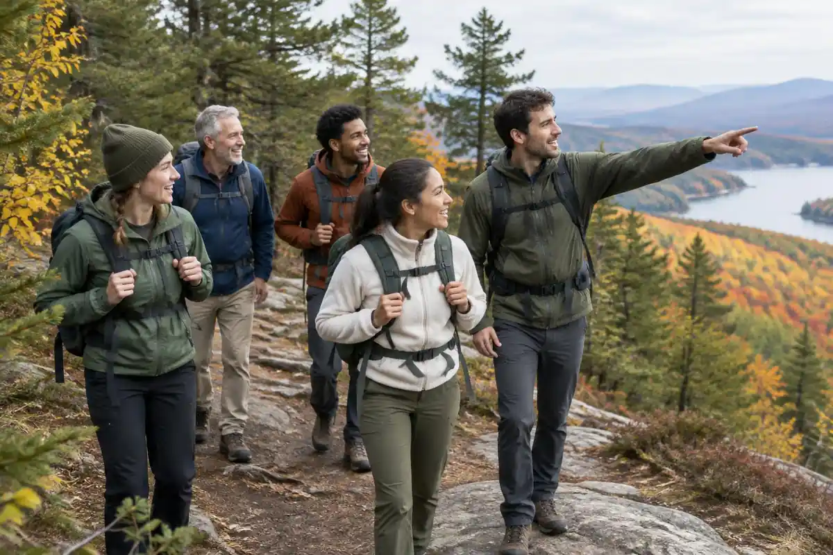 Scout-style troop with mid-size packs on a wooded ridge trail