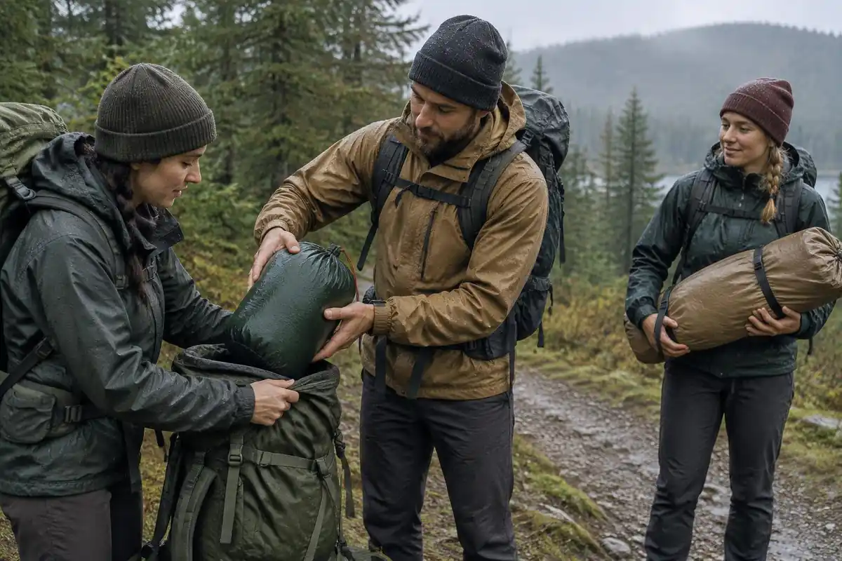 Group of hikers sharing weight, handing gear between packs