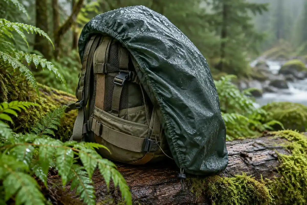 Rain cover half pulled over a mid-size pack on a log