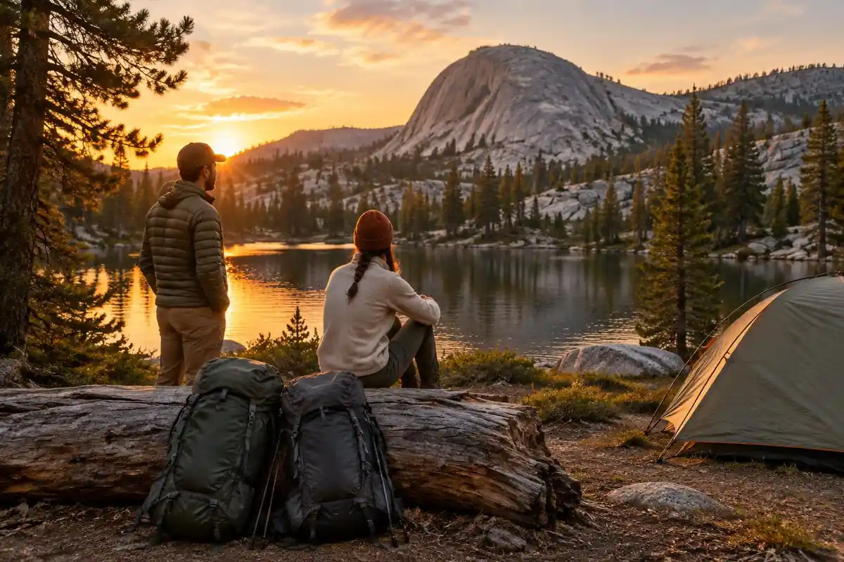 Backpackers at a lake camp under a granite dome at sunset